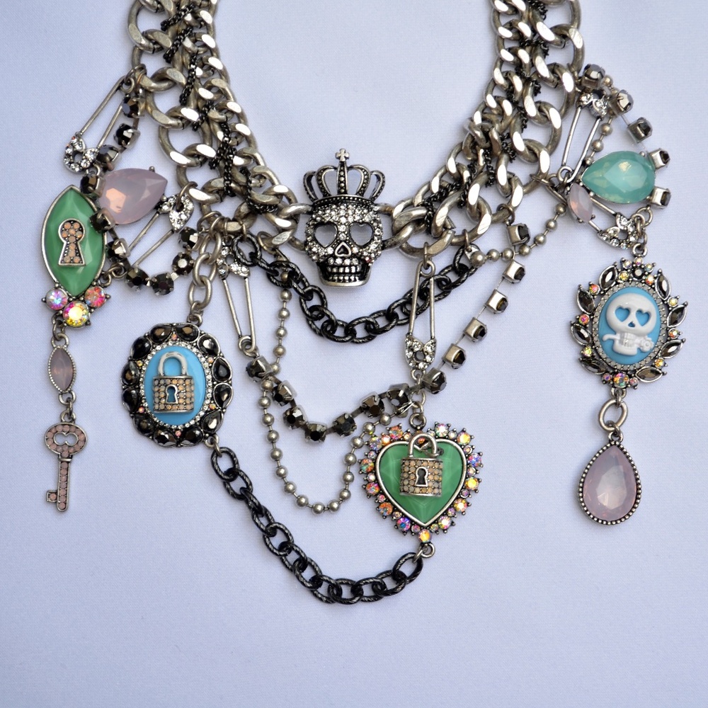 Betsey Johnson Lady Lock Pink Opal Royal Skull Statement Necklace